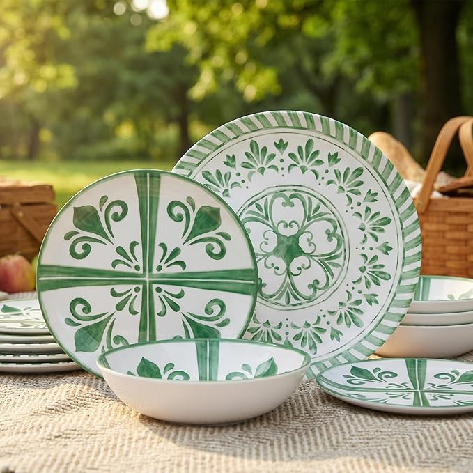 Melamine Dinnerware Sets, Dinnerware Sets for 4, 12Pcs Plates and Bowls Sets, Green Floral Emboss... | Amazon (US)