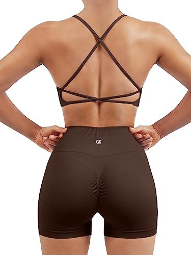 SUUKSESS Women Seamless 2 piece Workout Sets Strappy Padded Sports Bra Booty High Waisted Shorts Outfits (Deep Brown,M) | Amazon (US)
