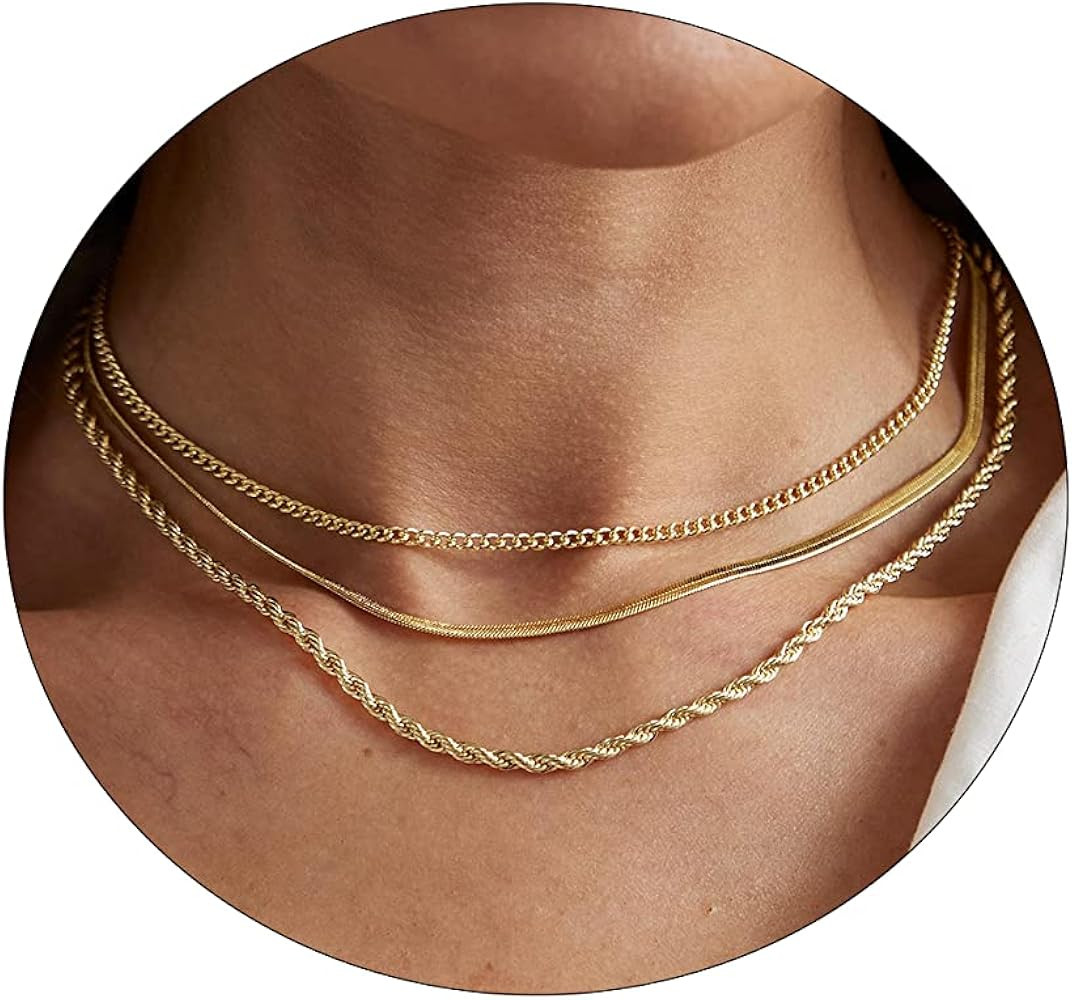 VIROMY Dainty Gold Necklace for Women 14K Gold Plated Layered Satellite Necklaces Trible Layering... | Amazon (US)