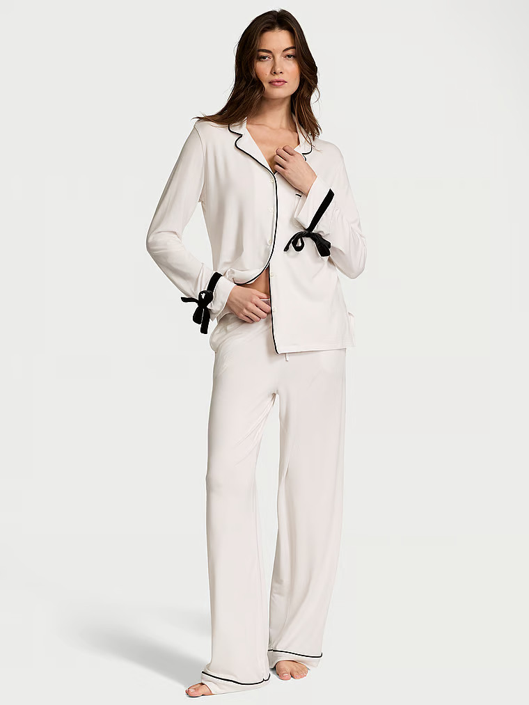 Buy Modal Soft Velvet-Trim Long Pajama Set, COCONUT WHITE - Order Pajamas Sets online - PINK US | Victoria's Secret (US / CA )