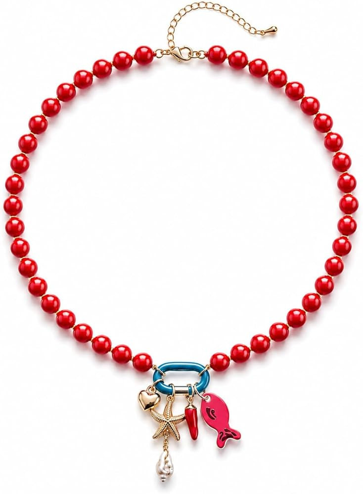Colorful Beaded Necklace with Ocean Charms For Women, Boho Chunky Puffy Heart Starfish Shell Fish... | Amazon (US)