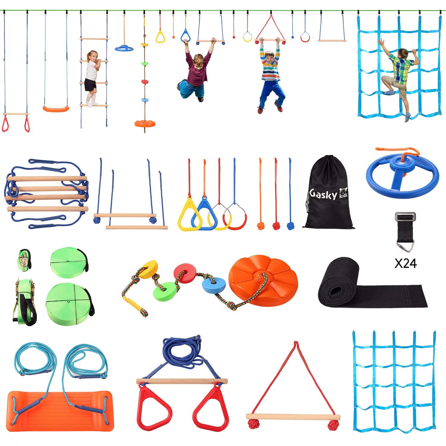 Gasky Ninja Warrior 16 Obstacles Course Kit for Kids-55ft Slackline Kit Backyard Outside - Slackl... | Walmart (US)