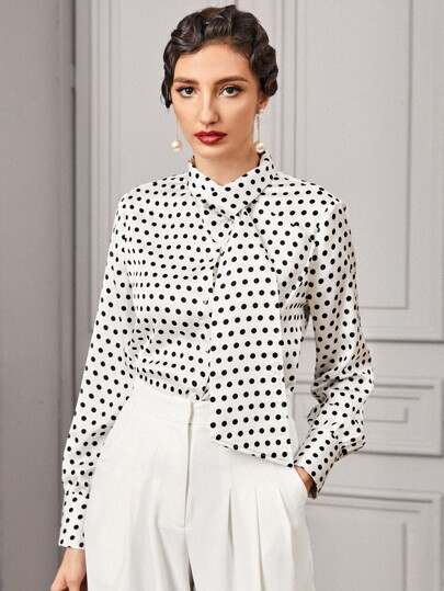 SHEIN Tie Neck Polka Dot Blouse | SHEIN