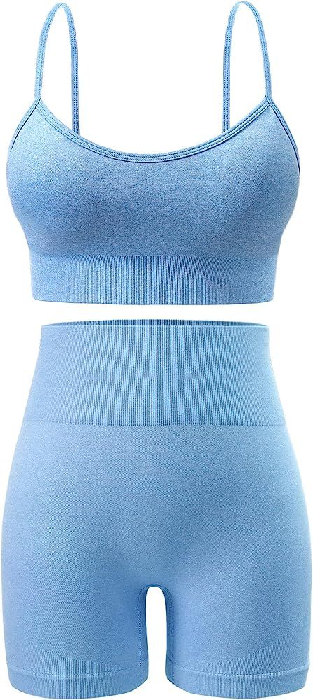 Seamless Workout Sets for Women 2 Piece Outfits High Waist Yoga Shorts Adjustable Padded Sports Bra  | Amazon (US)