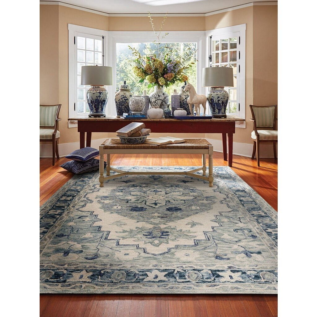 Shakta Medallion Ivory/Blue (2547-635) Wool Hand-Tufted Area Rug | Rugs Direct
