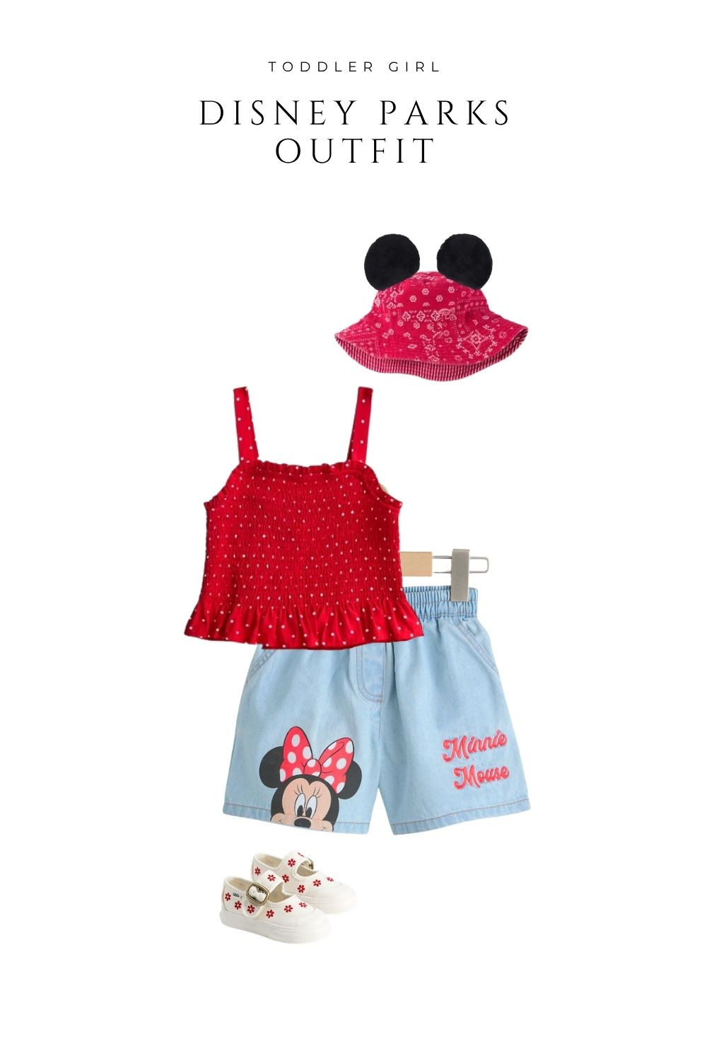 Planning a magical trip? This toddler girl Disney parks outfit is the cutest Minnie Mouse–inspired look for warm park days. Featuring a red polka dot tank, Minnie denim shorts, matching Mickey ears bucket hat, and comfy shoes—perfect for Disneyland or Walt Disney World. Lightweight, breathable, and photo-ready for your little one’s Disney vacation.

Great for toddler summer outfits, Disney outfit ideas, Minnie Mouse outfits, and theme park style. Save this for your next Disney trip outfit inspiration.
