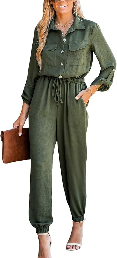 CUPSHE Women's Long Sleeve Button-Front Drawstring Waist Maxi Jumpsuit Overalls Pockets Casual Pl... | Amazon (US)