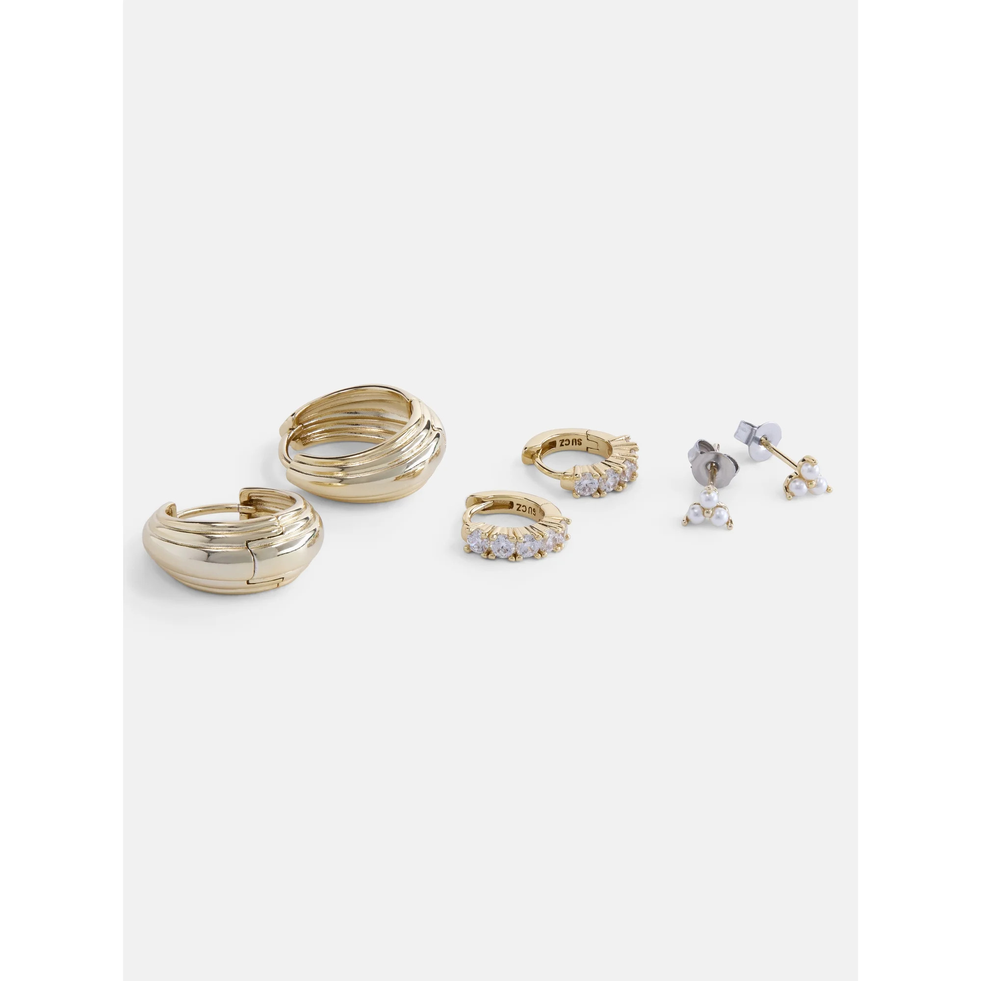 Free Assembly Women's 14K Gold Plated Cubic Zirconia and Simulated Pearl Earring Set, 3-Pairs | Walmart (US)