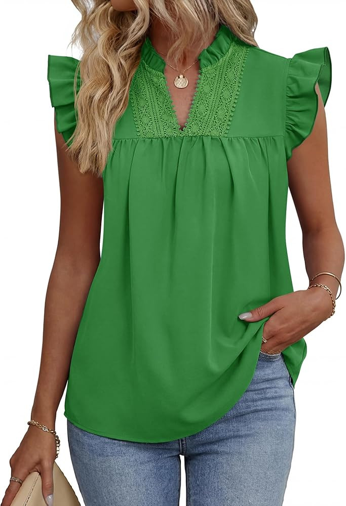 AKEWEI Womens Summer Ruffle Sleeve Lace Embroidered V Neck Work Blouses Pleated Tank Top | Amazon (US)