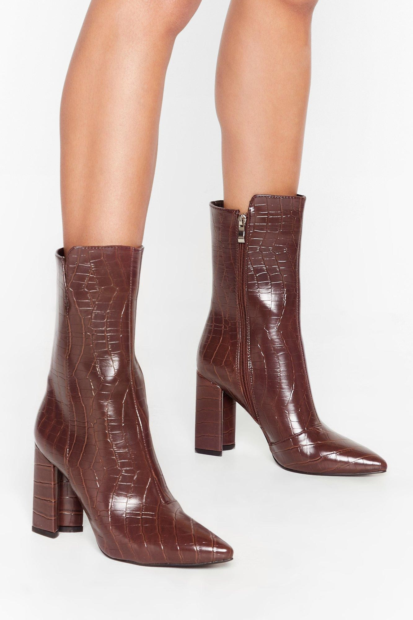 Faux Leather Croc Cut-Out Boots with Block Heel | NastyGal (US & CA)