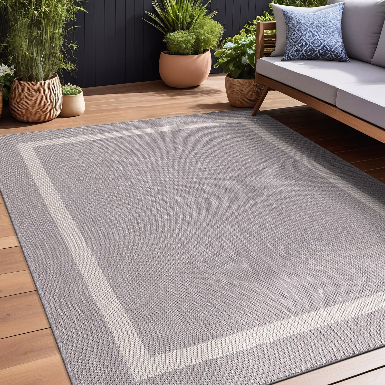 Beverly Rug Indoor/Outdoor Area Rugs, Bordered Patio Porch Garden Carpet, Gray and White, 8'x10' | Walmart (US)