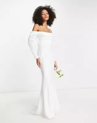 ASOS EDITION Elodie long sleeve satin drape bardot wedding dress in ivory | ASOS (Global)
