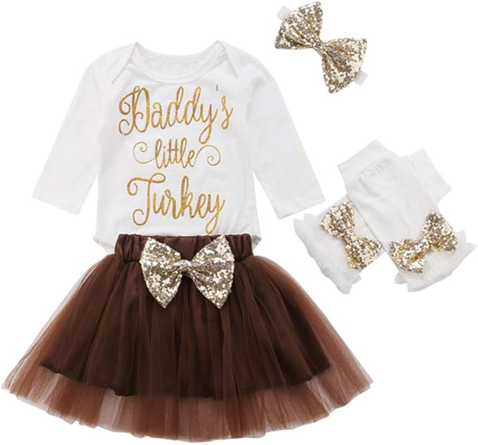 Infant Baby Girls Thanksgiving Outfit Newborn Romper Tops + Tutu Skirt + Leg Warmers Headband 4PC... | Amazon (US)