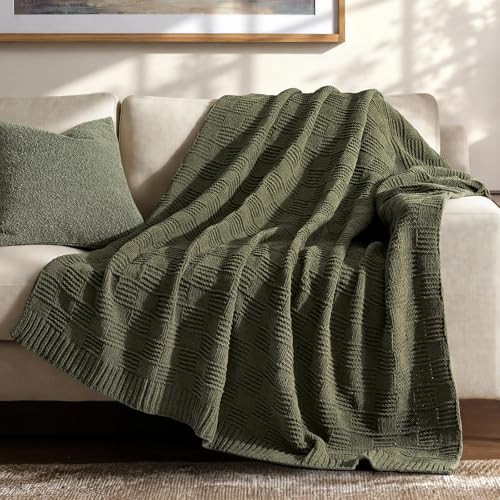 EVERGRACEHOME Modern Checkered Chenille Throw Blanket, Soft Cozy Plaid Knitted Chair Blanket for Sofa Couch, Decorative Knit Throw for Bed and Living Room, Olive Green, 50" x 60" | Amazon (US)