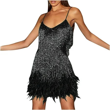 Summer Dresses for Women 2022 Women s Fashion Suspender Crewneck Sequin Feather Solid Mini Dress Par | Walmart (US)