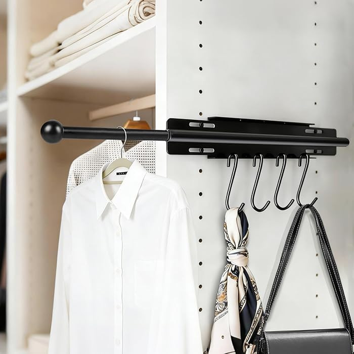 13" Valet Rod for Closet Pull Out with 4 Hooks, Retractable Valet Rod for Bedroom, Laundry Room, ... | Amazon (US)
