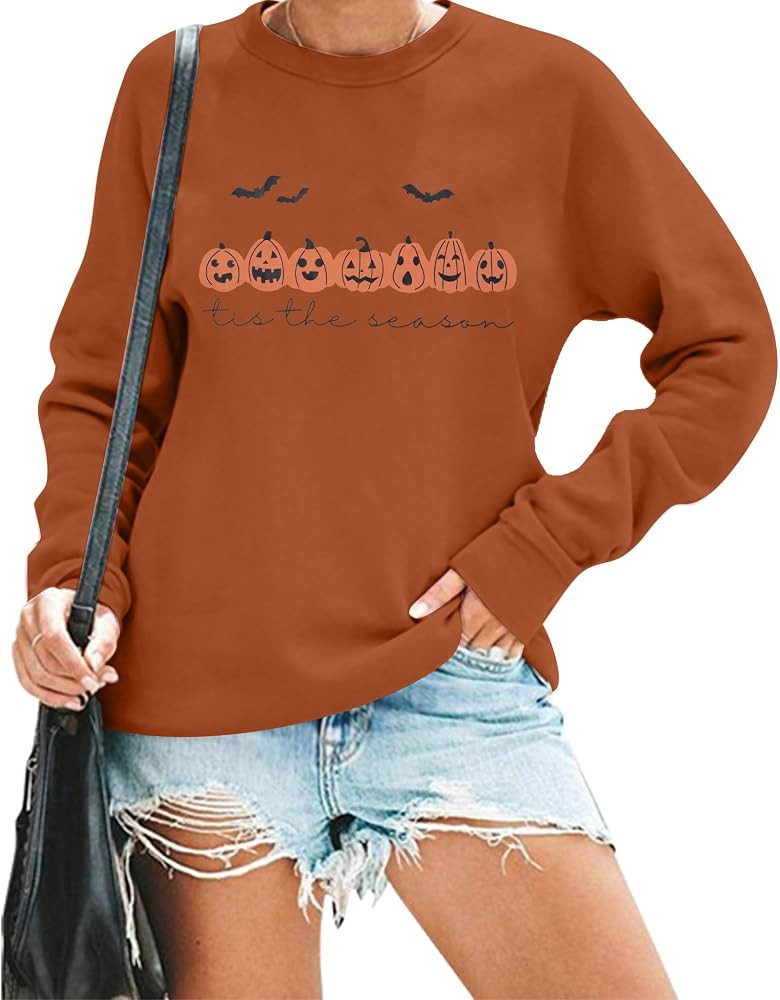 Halloween Sweatshirt Women Tis The Season Shirt Pumpkin Graphic Pullover Vintage Fall Long Sleeve... | Amazon (US)