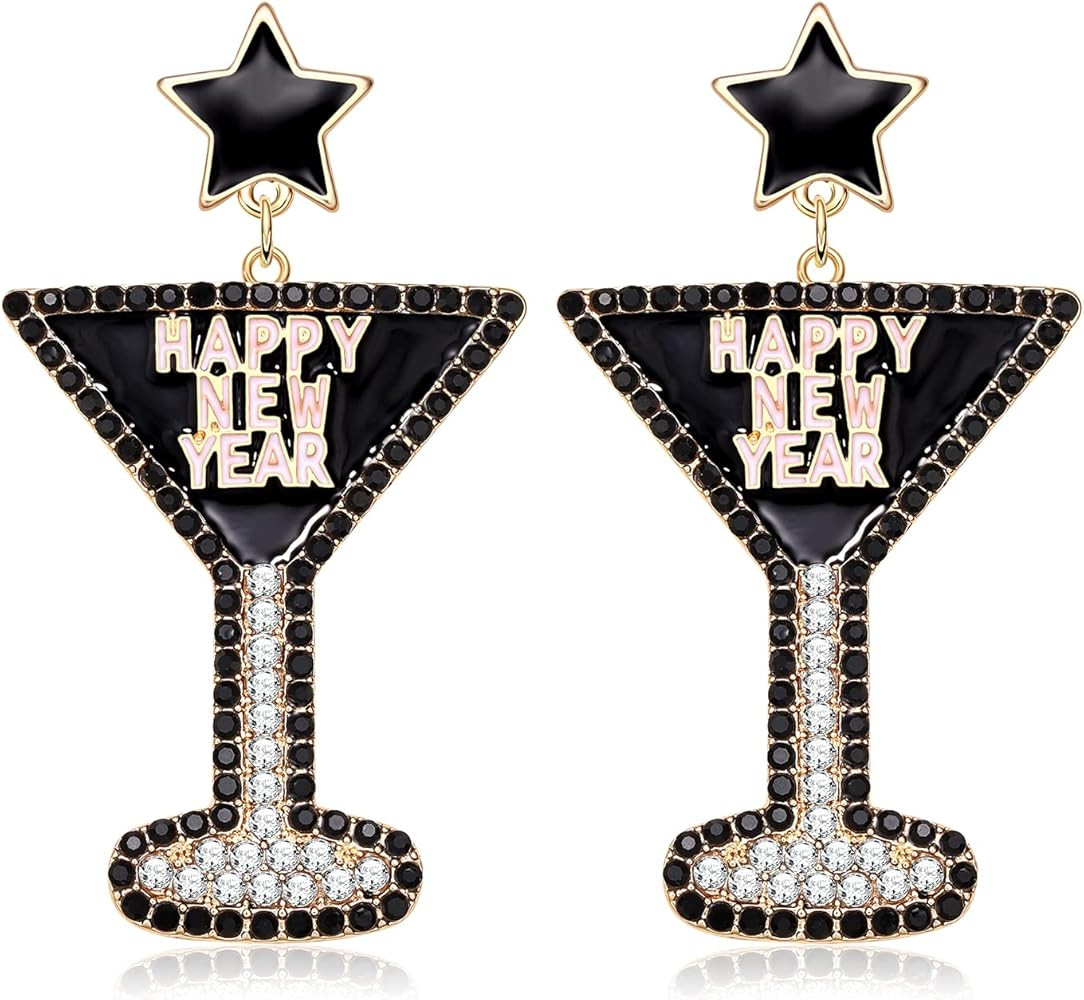 Happy New Year Earrings for Women Beaded Champagne Bottle Glass Earrings Handmade New Year’s Ev... | Amazon (US)