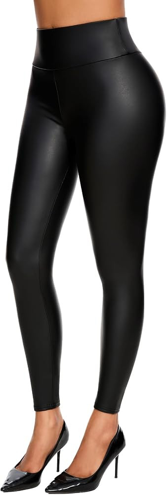 Faux Leather Leggings for Women Tummy Control High Waisted Pleather Pants with Thin Fleece Lined | Amazon (US)