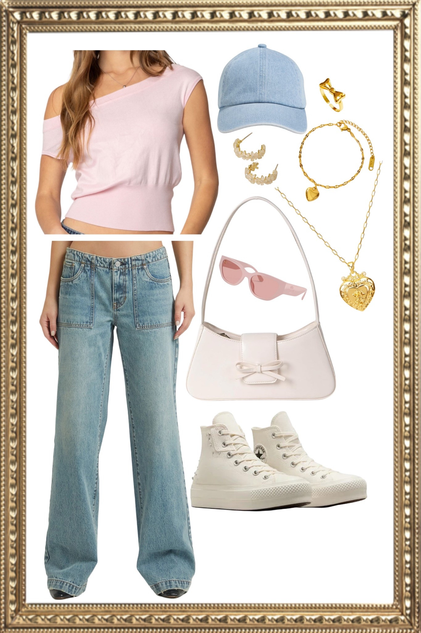Everyday feminine street wear attire a perfect mix of soft and spunky for a casual event. A pink asymmetrical top paired with wide leg straight cut jeans with generous pocket space. Brighten with gold accents and accessories to tie the look together  

#LTKFindsUnder50 #LTKStyleTip #LTKSeasonal