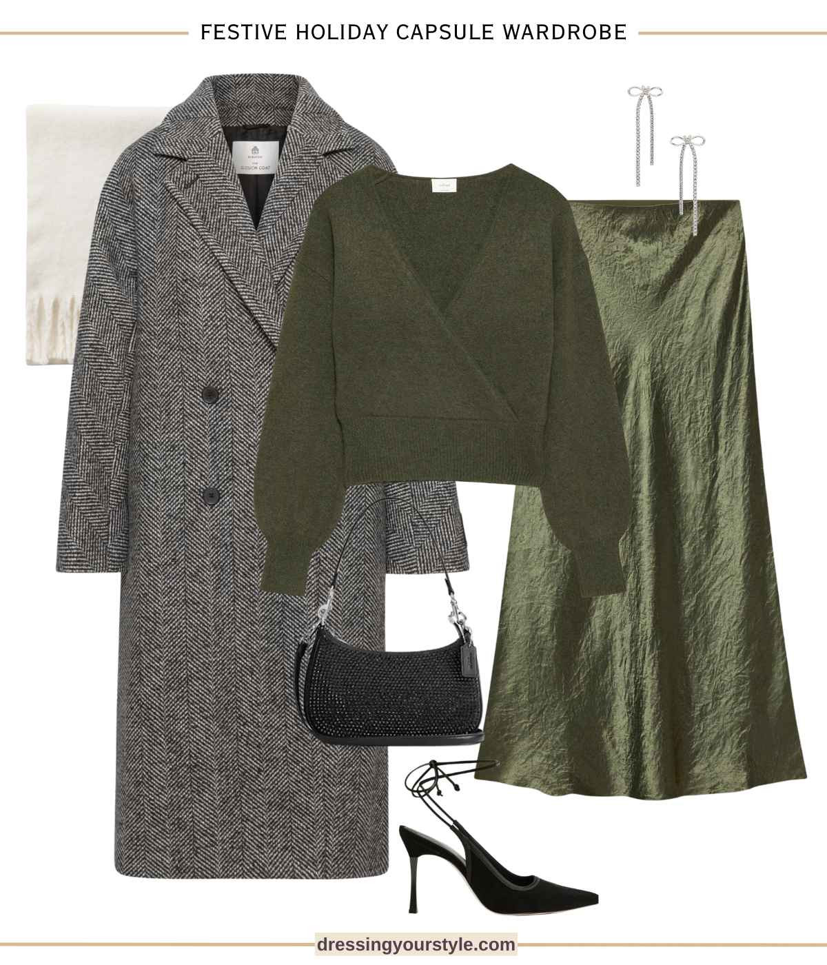 Festive olive green outfit with satin slip skirt, crisscross sweater herringbone wool coat and black heels. Perfect for a holiday party at the office or at an event  

#LTKSeasonal #LTKHoliday #LTKParties