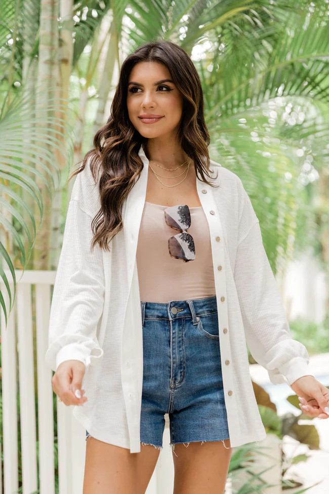 On The Agenda Ivory Ribbed Shacket | Pink Lily