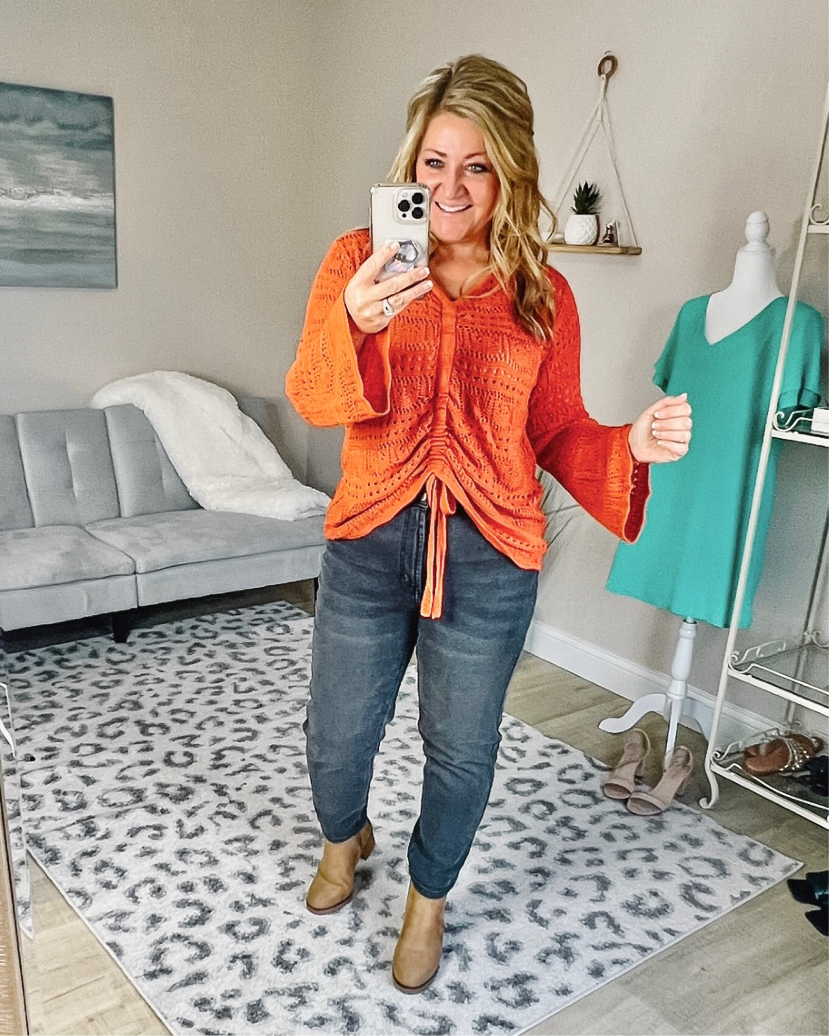Gorgeous boho crochet sweater with flare sleeves and adorable ruching up the middle! TTS You can crop it as much as you want. Adorable with high waist jeans (tts) and my chelsea boots (up 1/2 size)!

#LTKcurves #LTKunder50