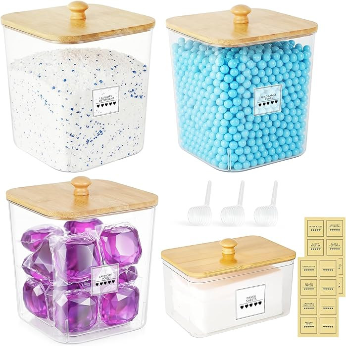 Laundry Storage Containers - Large Detergent Powder Storage with Wooden Lids & Labels, Laundry Po... | Amazon (US)