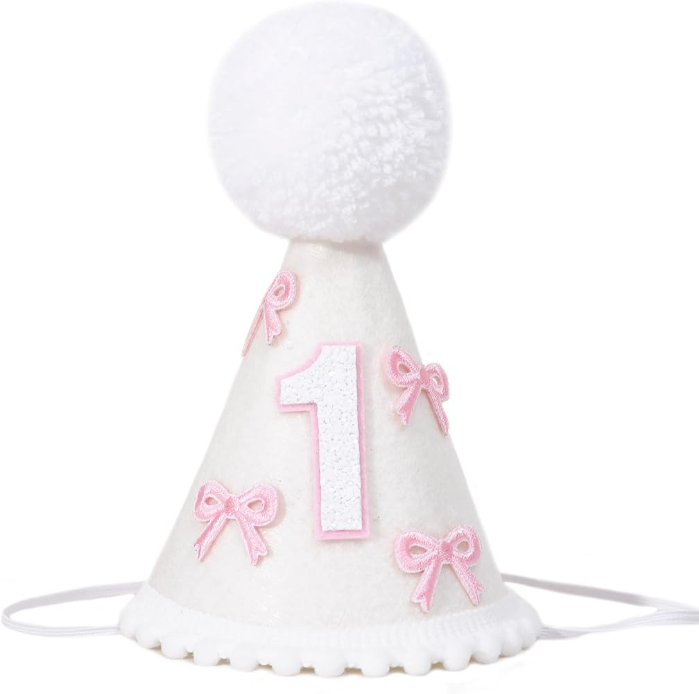 Bow 1st Birthday Hat - Girls First Birthday Party Decorations,Pink Bow White Cone Hat,Baby Cake S... | Amazon (US)