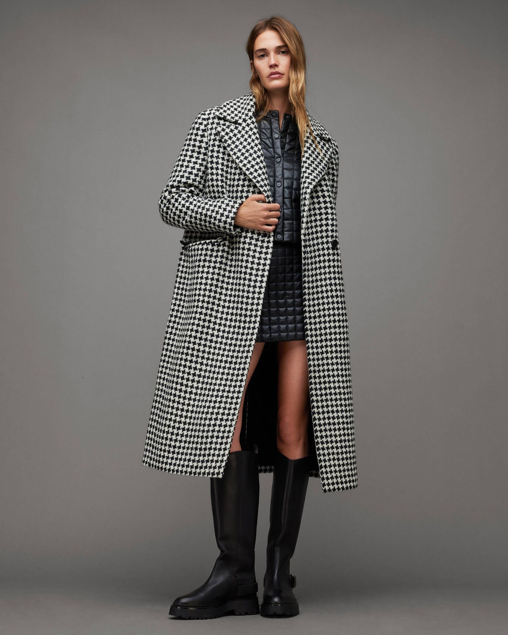 Alexis Star Checked Jacquard Wool Coat Black/White | ALLSAINTS US | AllSaints US