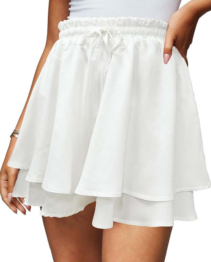 Women's Summer Floral Ruffle Hem Skirt Shorts Elastic High Waist Layered Tiered Boho Mini Skorts ... | Amazon (US)