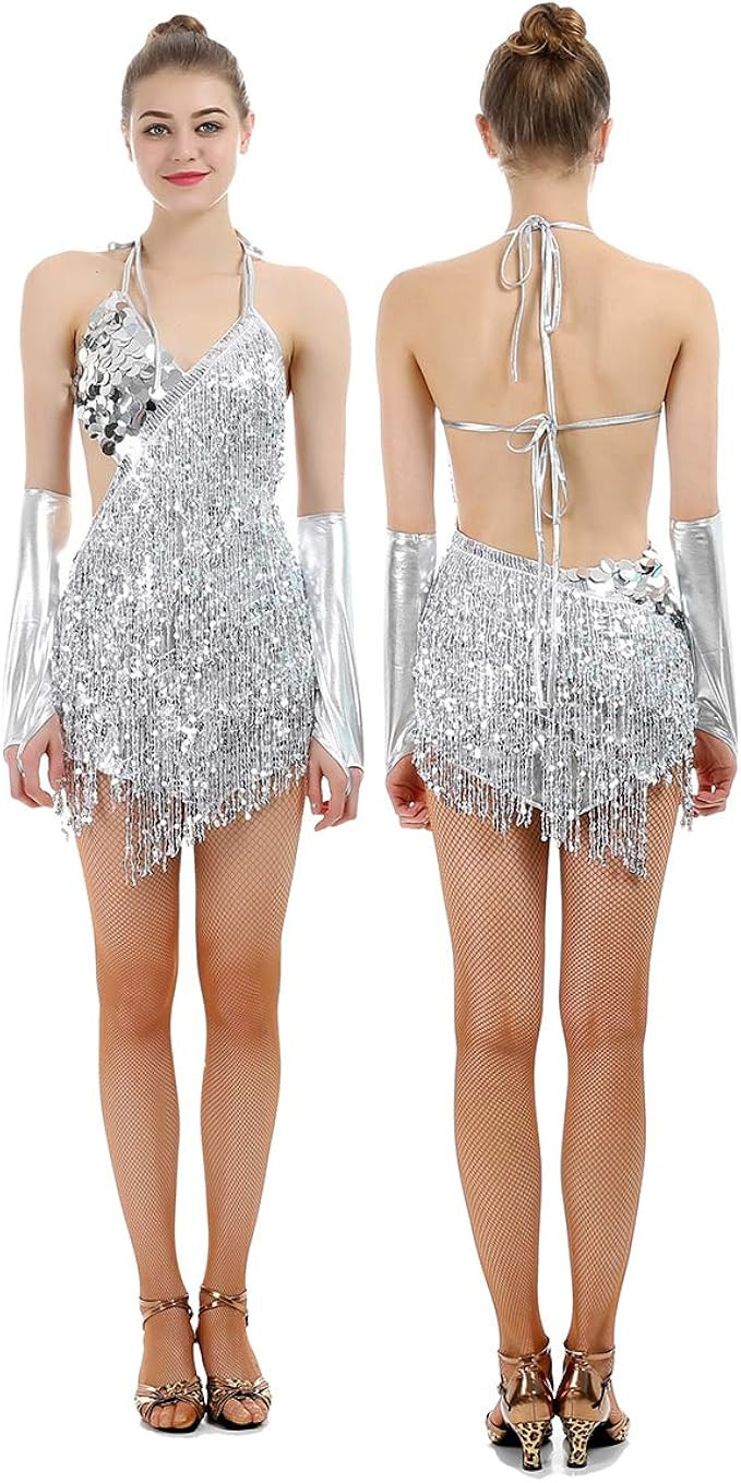 iMucci Paillette Tassel Latin Dance Dress Samba Costumes Women Dresses Ballroom | Amazon (US)