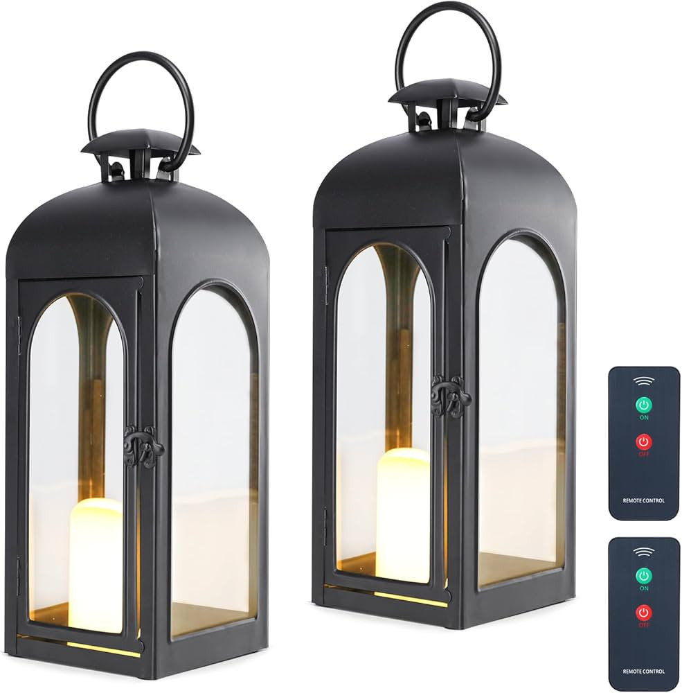 Bdor 2 Pack 16 Inches Metal and Tempered Glass Decorative Lantern with Electronic Wax Effect - In... | Amazon (US)