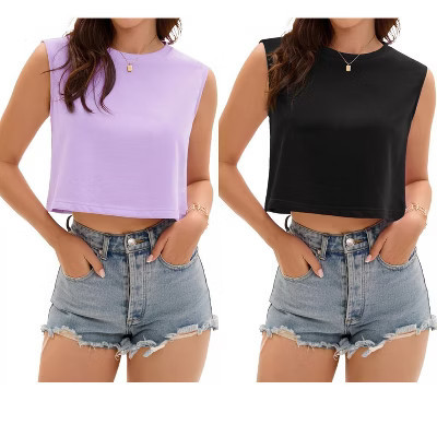 ATHLECHIC Women's Casual Loose Crewneck Sleeveless Crop Tank Top 2 Packs Black/Lilac Medium | Target
