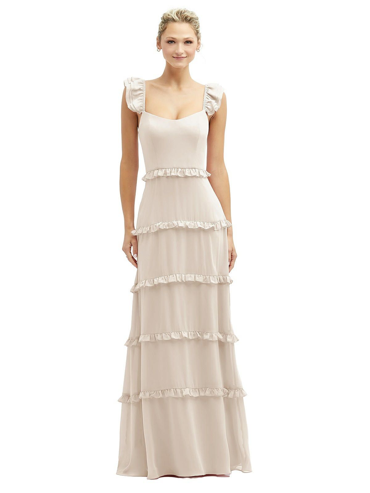 Tiered Chiffon Maxi A-line Dress with Convertible Ruffle Straps in Oat | The Dessy Group