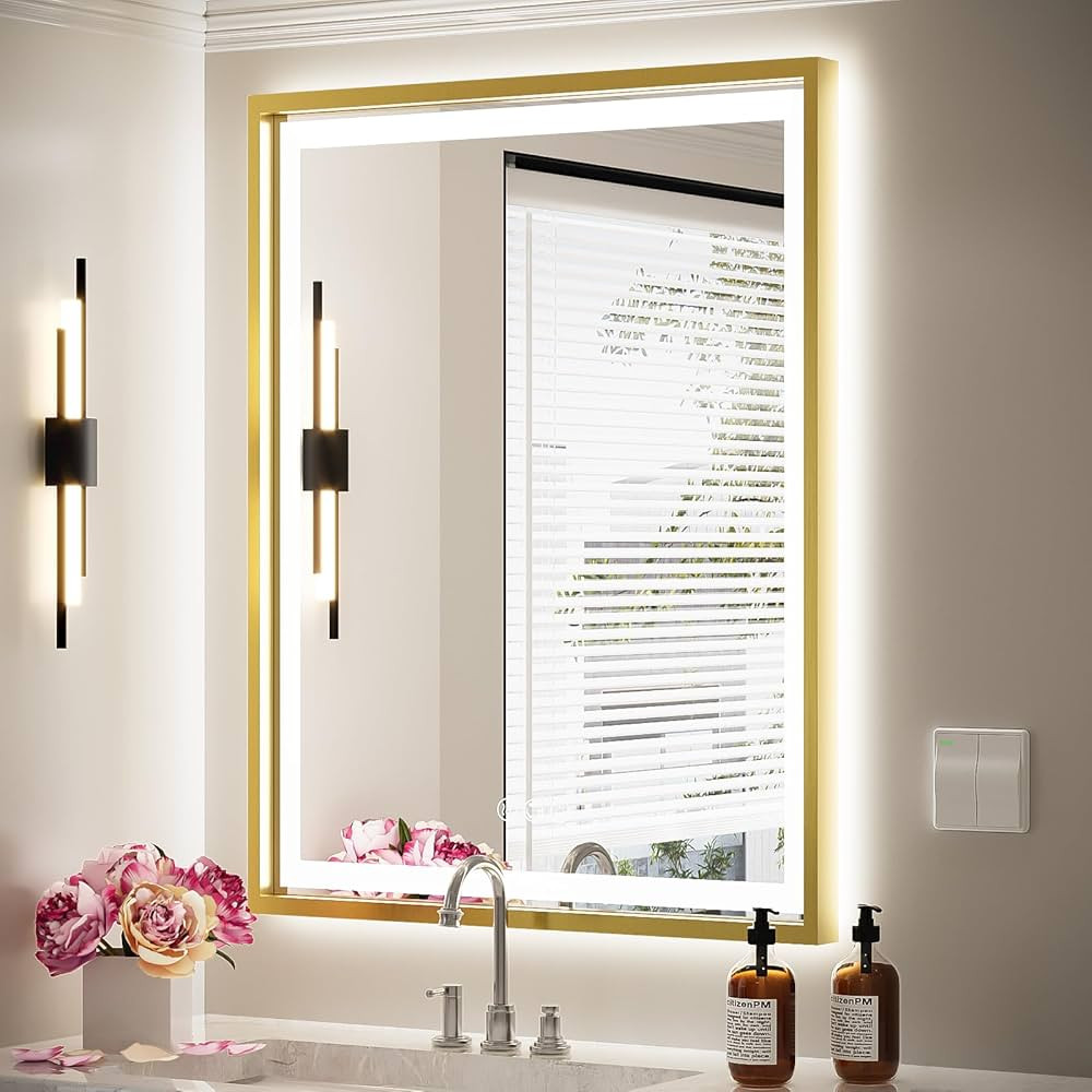 LED Bathroom Mirror, 28x36 Inch Frontlit & Backlit Gold Framed Lighted Mirror,Wall Mouted Vanity ... | Amazon (US)