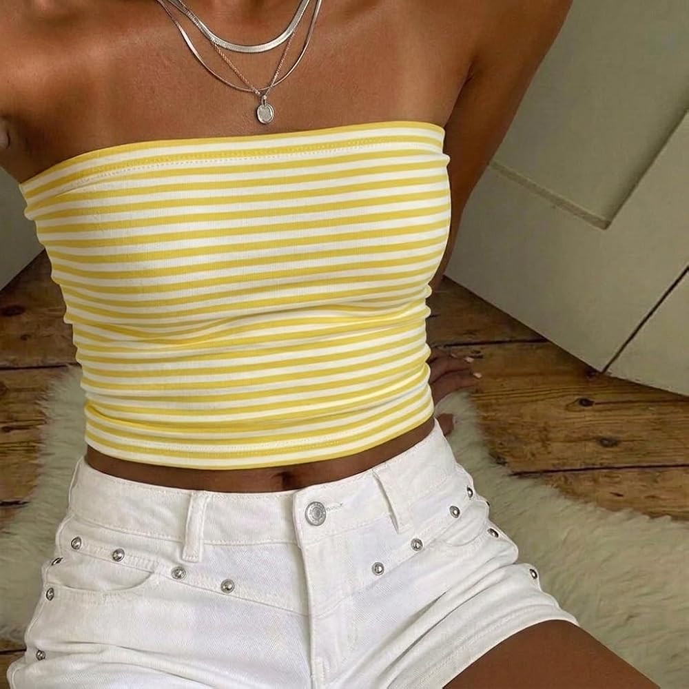 Women Cute Striped Tube Tops Y2K Aesthetic Strapless Bandeau Sleeveless Backless Crop Top Casual ... | Amazon (US)