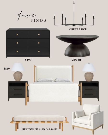 Wayfair fave finds:
White bed. Black nightstands. Ceramic table lamps. Black dresser. Black coffee table modern. Black chandelier modern. White bench rustic. White accent chair.

#LTKhome #LTKsalealert