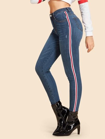 Contrast Striped Tape Side Jeans | SHEIN