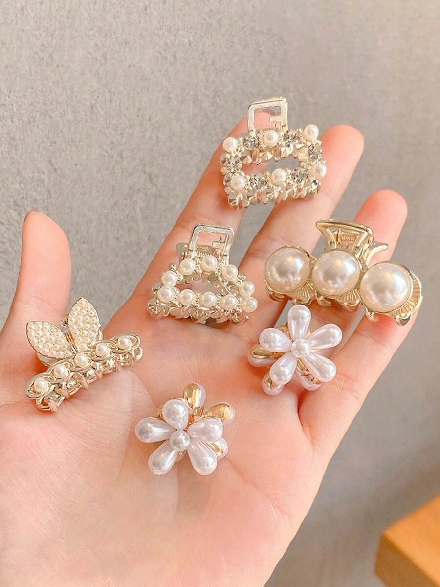 6pcs Women's Gold Metal Hair Clips In Small Size, Embellished With Pearls, Rhinestones, Semi-Circ... | SHEIN