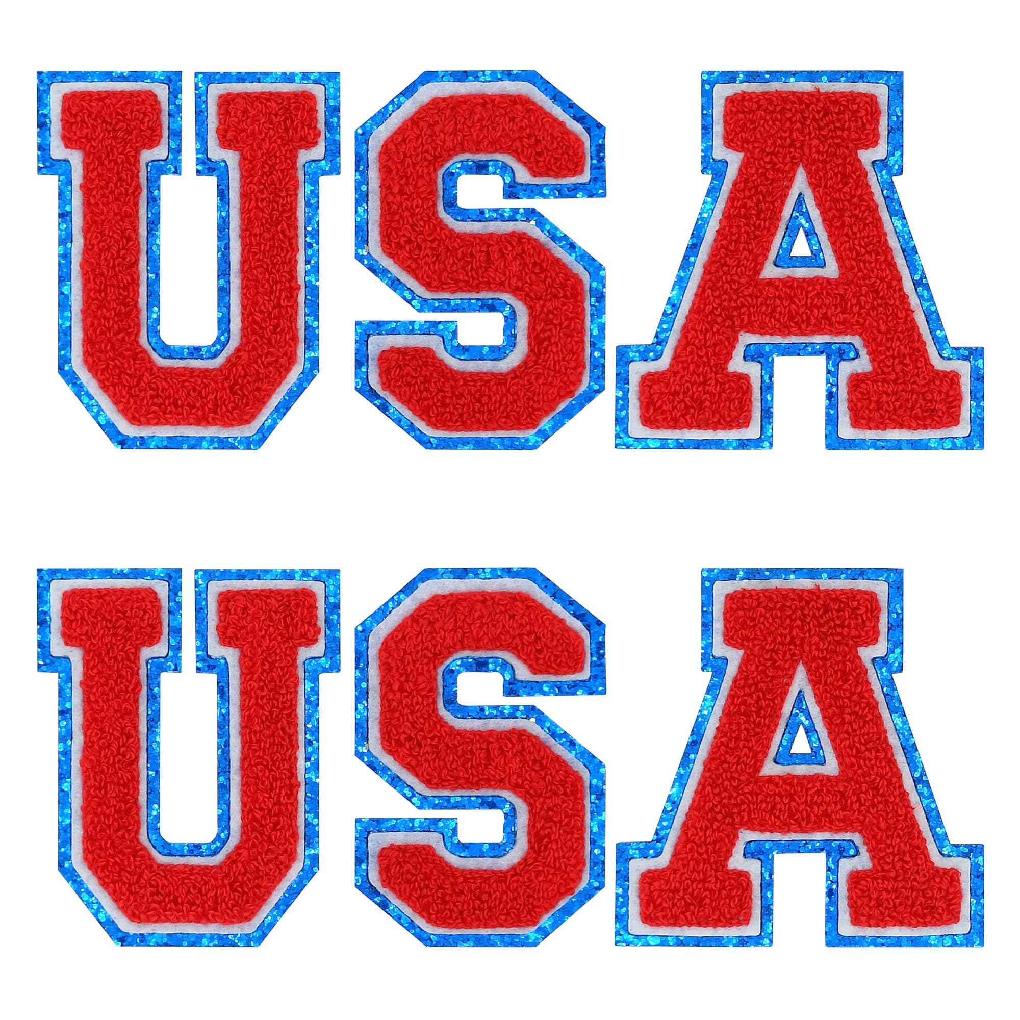 6 PCS USA Chenille Patches, Self Adhesive Blue Border Glitter Varsity Embroidered Patch, Sew On/Iron On Repair Patch Applique for Clothes, Dress, Hat, Jeans, DIY Accessories | Amazon (US)