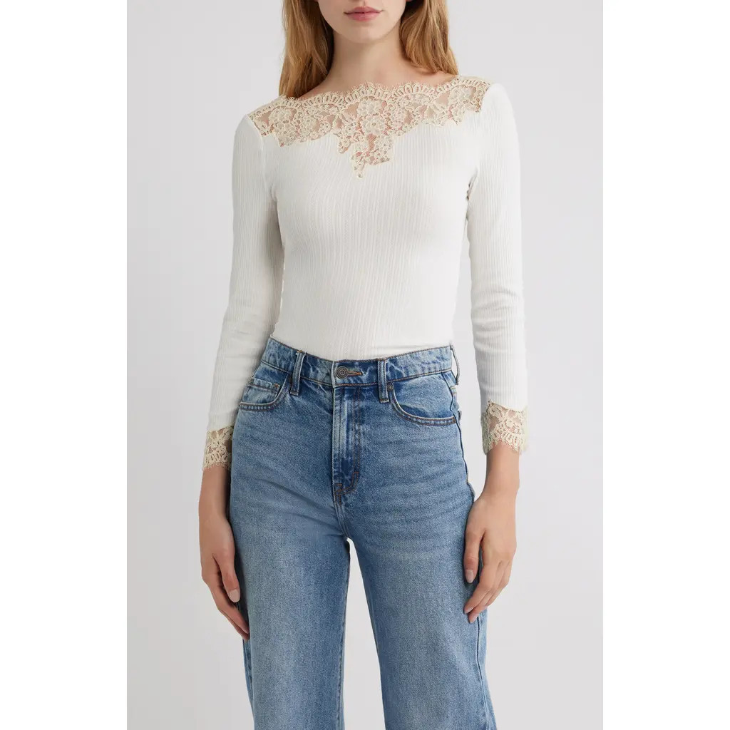 DÔEN Riana Lace Trim Ribbed T-Shirt in Salt at Nordstrom, Size X-Small | Nordstrom