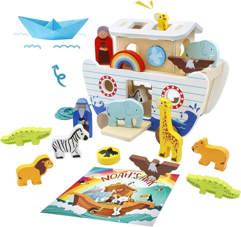 Noah's Ark Wooden Toy Set, Educational Wooden Animal Toys for Toddlers, Montessori Shape Sorter E... | Amazon (US)