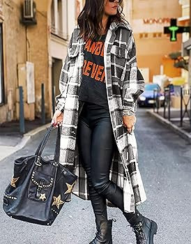 Jhsnjnr Women's Flannel Plaid Shirt Casual Lapel Button Down Long Winter Jacket Shacket | Amazon (CA)