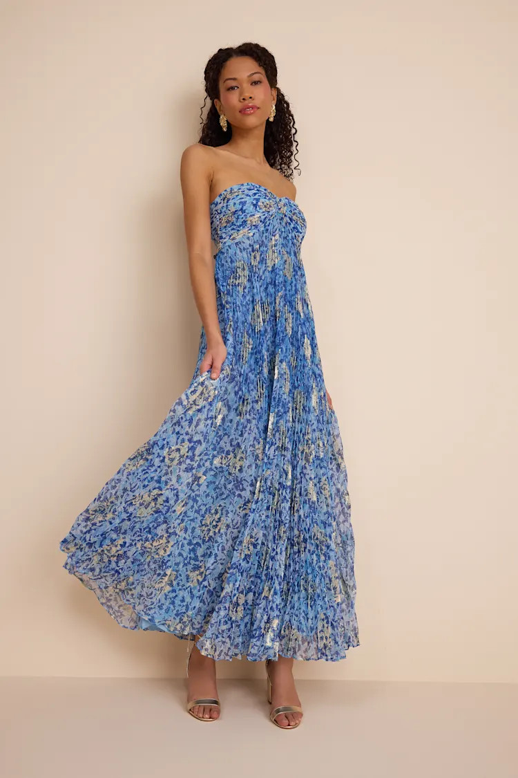 Lynwen Blue Abstract Pleated Strapless Maxi Dress | Lulus
