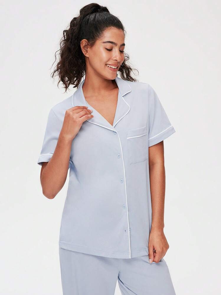 LUVLETTE Soft 100% Pure Cotton Contrast Trim Short-Sleeve Basic Button-Up Top & Pants Loungewear Airy Pajama Set Pants With Pockets | SHEIN