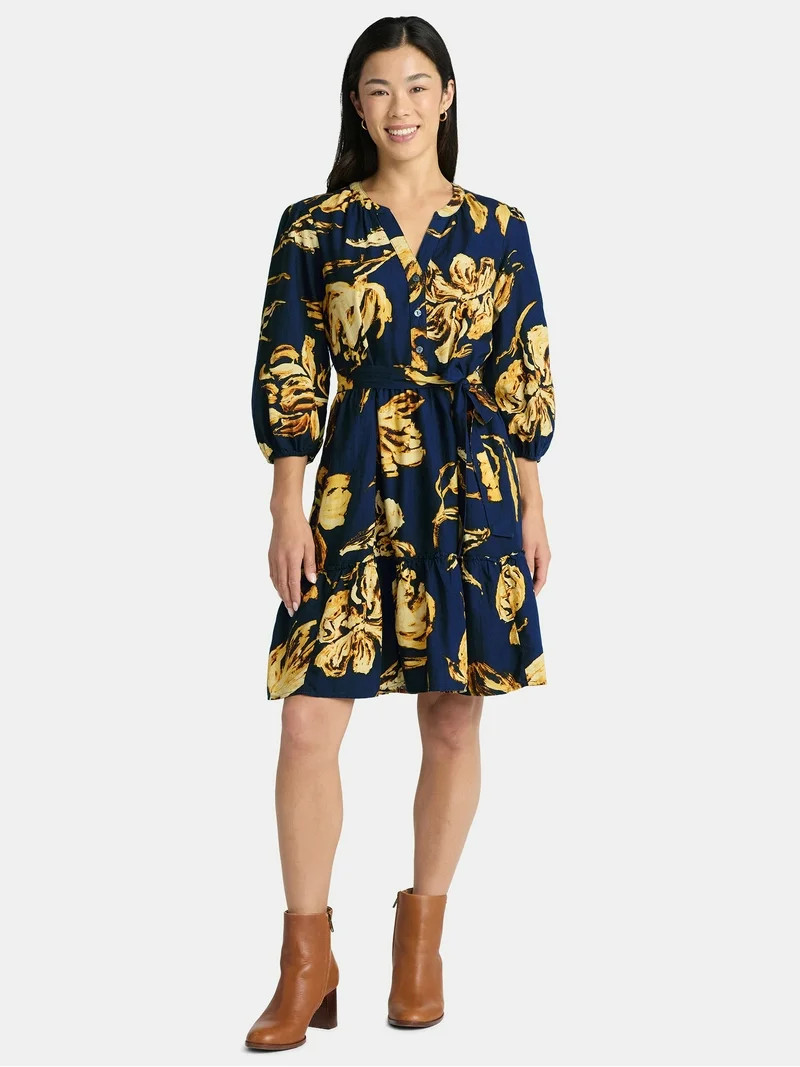 Time and Tru Women's Poplin Shirt Dress with Long Sleeves, Sizes XS-XXXL | Walmart (US)