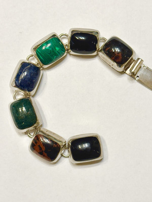 Vintage Taxco Mexico 925 Sterling Silver Multi-Gemstone Inlay Link Bracelet | eBay | eBay US