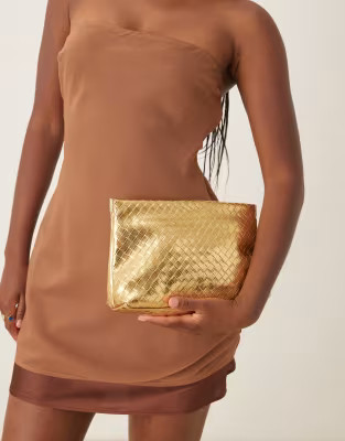 ASOS DESIGN zip top clutch bag in gold weave | ASOS (Global)