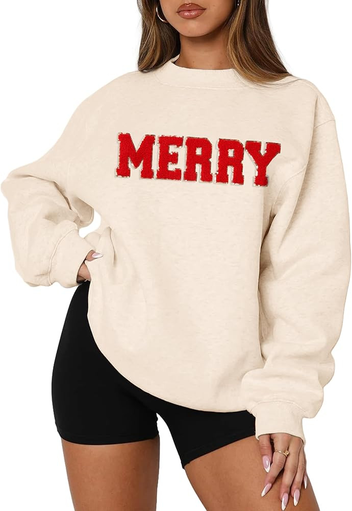 MAPICK Merry Sweatshirt for Women Christmas Fleece Linend Sequin Sweaters Crewneck Oversized Long... | Amazon (US)